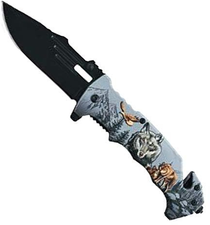 AUSONIA 20 CM Coltello Sportivo Tascabile da Caccia da collezione con Lama Inox e Manico Alluminio con disegno lupo