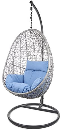 KIDEO Komplettset: Hängesessel mit Gestell & Kissen, Korbsessel, Poly-Rattan (Gestell- und Korbfarbe: grau, Kissen: blau Nest (3070_royal_Blue))