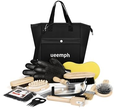 Ueemph Horse Grooming Kit (12-Piece): Brushes, Storage Bag, Sweat Scraper, Mane Comb, Grooming Gloves, Horse Gift for Girls (Black)