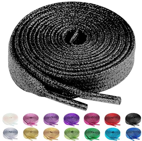 Olukssck 2 Paires Lacets Plats Pailletés Premium, Lacets de Remplacement de 10mm de Qualité Supérieure pour Chaussures de Sport, Chaussures de Ville, Noir, 140cm