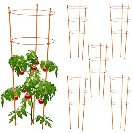 Relaxdays Rankhilfe 6er Set, Metall & Kunststoff, 76 cm hoch, 3 verstellbare Ringe, Rankstütze Kletterpflanzen, orange