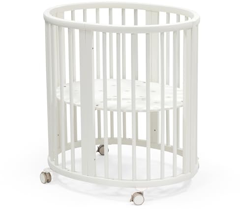 Stokke Sleepi Mini, Bianco - Culla ovale adatta per 0-6 mesi - Base regolabile in altezza, ruote girevoli bloccabili, base materasso traforata per la circolazione dell'aria