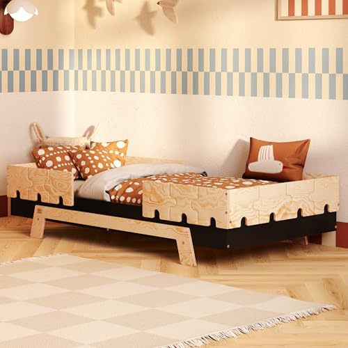 smartwood Kinderbett 90x200 6in1 - Montessori Bett aus Naturholz in Schwarz mit Rausfallschutz & Lattenrost bis 230 kg - Kinderbett ab 2 Jahre für Kinder - FSC-Zertifiziert - Puzzle BR2