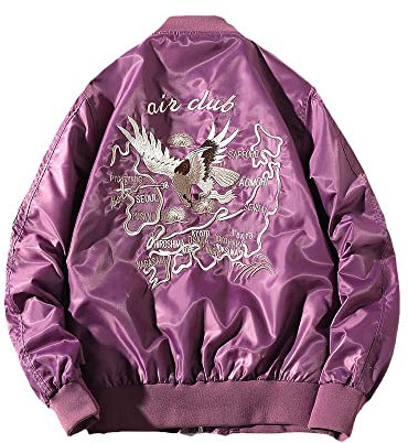 Aoleaky Giappone Mappa Ricamo Bomber Giacca Da Pilota Primavera, Manica Lunga Militare Streetwear, bomber viola, S
