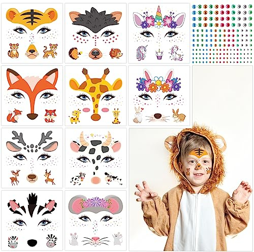 TAROME 11 Blätter Tiere Gesichtstattoo Kinder, Einhorn Glitzer Gesicht Tattoo Tierwelt Cosplay Herbsttiere Temporäre Tattoo mit Bunt Strasssteine für Tierische Mottoparty halloween Herbst