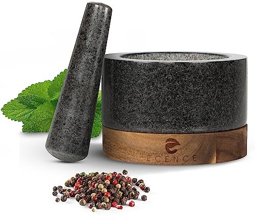 ECENCE Mortero Cocina en Madera de Acacia y Granito - Mortero y Maja Sólido para Especias para un Machacado Perfecto - Mortero Piedra Grande Ø11cm