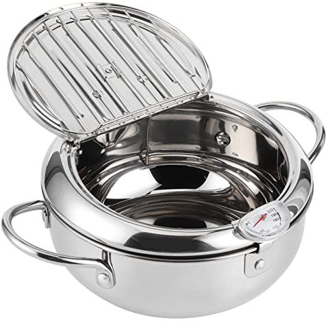 Olla Freidora, Olla Japonesa de Tempura de Acero Inoxidable con Termómetro, Tapa y Escurridor de Goteo de Aceite, para Cocina Casera, Papas Fritas, Pescado, Camarones(20cm)