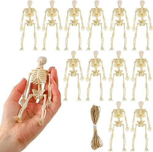 KATELUO 12er Halloween Skelett Deko Mini, Plastik Skelett Klein, Mit 10 Meter Hanfseil, Geeignet Für Halloween-Party, Spukhaus-Requisiten, Horror-Party