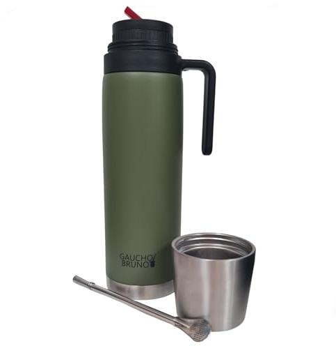 Gaucho Bruno 3-in-1-Yerba-Mate-Flasche – Thermo-Getränkebehälter mit Fassungsvermögen, Präzisionsausgießer, Deckel, der auch als Mate-Becher dient, und Bombilla – isoliert für heiße und kalte Getränke