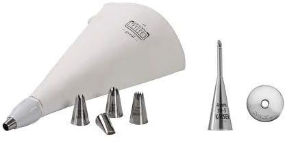 ORIGINAL KAISER Juego de 8 mangas pasteleras XL con boquilla de relleno de 4 mm, acero inoxidable, 6 boquillas diferentes, reutilizables, ideales para decorar y rellenar pasteles