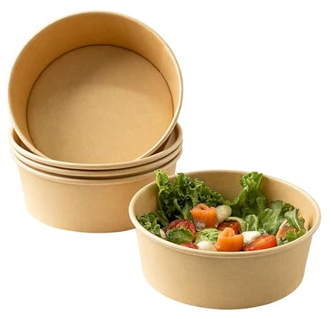 ECOPICNIC 50 Stück Salatschalen 1100ml | to go Schalen rund Suppenschalen Biologisch Bowl | Beerenschale Kraftkarton Verpackung mit PE Innenbeschichtung | Salatbowl gefäß Deli Container Kraft Papier