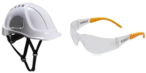 Portwest PS54 Endurance Lightweight Construction Hard Hat Safety Helmet White & DEWALT DPG54-1D PROTECTOR Clear High Performance Lightweight Protective Safety Glasses