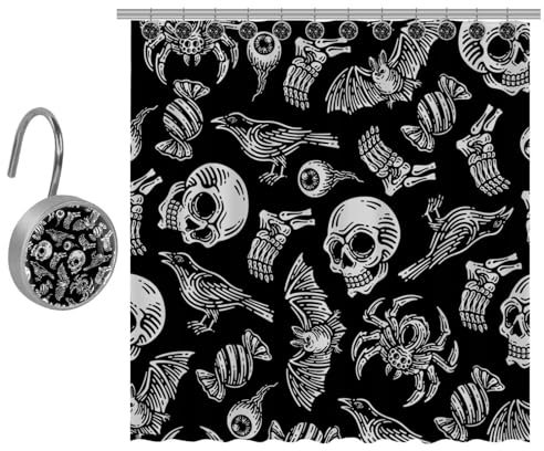 VAPOKF Duschvorhang mit Raben-Augapfel-Spinne, Fledermaus-Schädel, Polyester, Duschvorhang-Set mit 10 Edelstahl-Haken, rustikaler Bauernhaus-Badezimmer-Duschvorhang, 152 x 182 cm