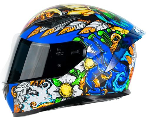 RUYICZB Motorradhelm, Integralhelm Mit Doppelvisier Und Mehreren Belüftungsöffnungen, DOT/ECE-Zugelassener Motorrad-Straßenrad-Rennmopedhelm Mit Grafik Für Männer Und Frauen,Blau,L 58~59cm