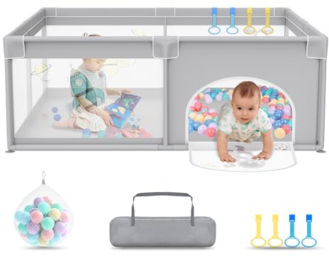 UISEBRT Laufstall Baby 150x180cmLaufgitter für Baby mit 50 Ocean Bällen & 4 Zugringen & Tragetasche, Faltbar Laufgitterzelt mit Atmungsaktivem Netz für Kinder, Grau mit Astronautenmotiven