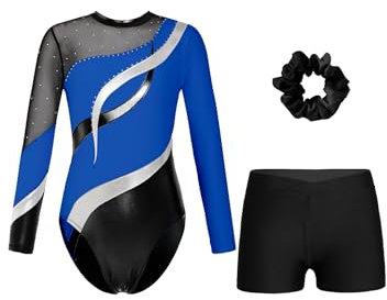 Mufeng Mädchen Gymnastikanzug Langarm Ballettbody mit Strass + Kurze Hose + Stirnband Turnanzug Trikotanzug Eiskunstlauf Bühnenauftritt Training Königsblau & Schwarz 134-140