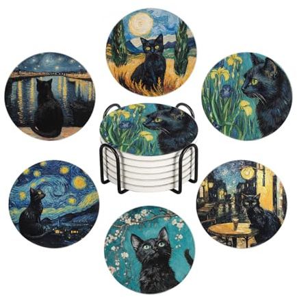 Getränkeuntersetzer für Getränke, 6 Stück, Van Gogh Kunst und Schwarze Katze, saugfähig, rund, Keramik-Steinmatten-Untersetzer, mit Korkboden und Metallhalter, Heimbar, Dekoration,