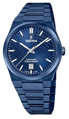 Festina SWISS MADE Orologio Uomo Analogico - Acciaio Inox 316L Blu - Quarzo - Calendario - Vetro Zaffiro Alta Resistenza - Impermeabile 10 ATM - F20078/1 Rive Collection