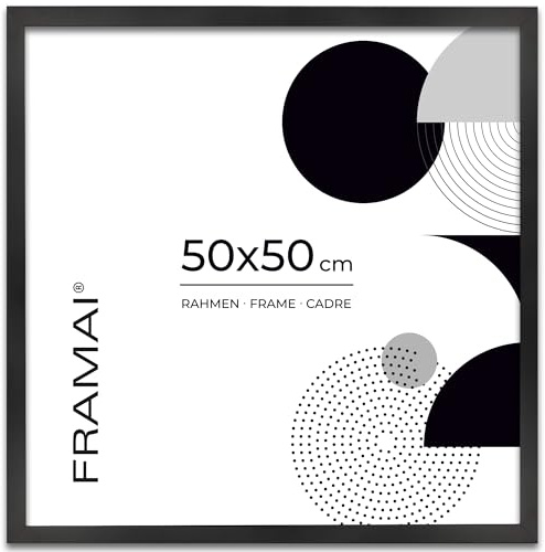 FRAMAI® Bilderrahmen 50x50 cm Schwarz MDF Umweltfreundlichem Rahmen mit Bruchsicheren Plexi, Aufhänger und Aufsteller