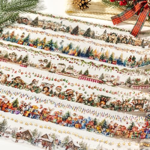 Ta Merry 6 Rollen Scrapbooking Stickers Set,Christmas Themed Washi Tape PET Stickers, Scrapbook Zubehör Aufkleber Set Ästhetische Dekoration für Scrapbooking, Journaling Aufkleber(Christmas)