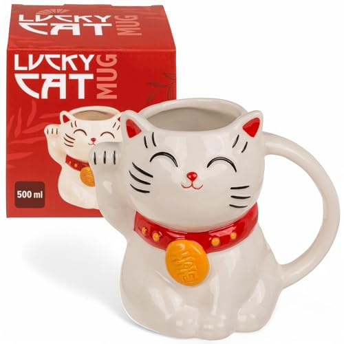 MIJOMA Lucky Cat Becher 500ml – Kaffeetasse aus Dolomit im Maneki-Neko Design – asiatisch inspirierter Keramikbecher für Tee & Kaffee (weiß)