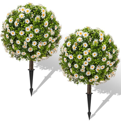 25 Artificial Boxwood Topiary Ball Trees with Daisy Flowers, Set of 2 UV Resistant No Fade Outdoor Faux Plants with Ground Spike, Fake Shrubs for Garden, Patio, Porch, Yard, Indoor Decor