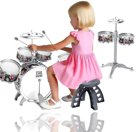 NUC Schlagzeug Kinder 7-teilig mit 2 Becken & Hocker - Trommel Set für Kinder ab 2, 3, 4, 5 Jahren - Musikinstrument, Leicht Aufzubauen & Platzsparend Geburtstag/Weihnachten