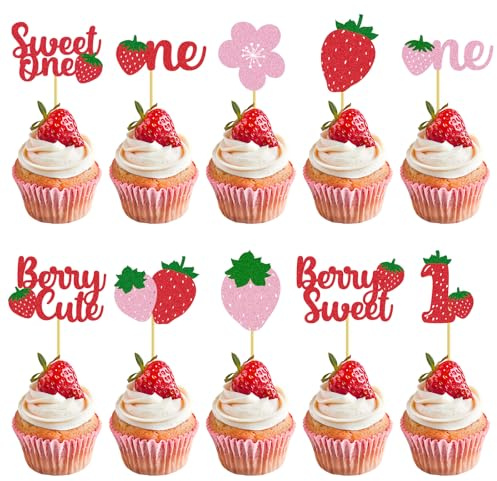 Lot de 30 décorations pour cupcakes à la fraise, finition soignée, idéales pour un premier anniversaire, un baptême ou un dessert