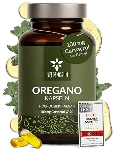 Heldengrün® Oregano Öl Kapseln [HOCHDOSIERT] +82% Carvacrol 90 Stück | 100 mg Carvacrol pro Kapsel · Bio-Oreganoöl aus Griechenland · Laborgeprüft · vegan & magensaftresistent · Deutsches Startup