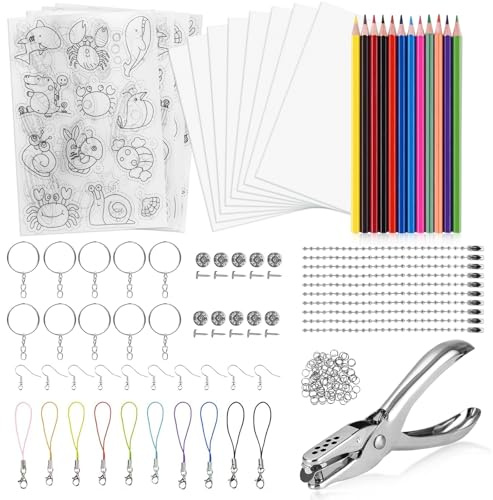 Pmueuff 183 Pezzi Plastica Termoretraibile Kit, Shrink Plastic Kit, Accessori Portachiavi, Matite, Pugno a Mano, Kit di Plastica Termoretraibile per Ornamenti Artigianato DIY ornamenti creativi