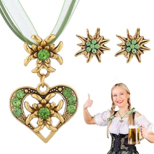 HABNI 3 Stück Trachtenschmuck Set Bayerisch Schmuck Trachtenkette Mit Strass Herz Anhänger Und Ohrstecker Für Damen Bierfest Trachten Outfit Accessoires Gold Grün