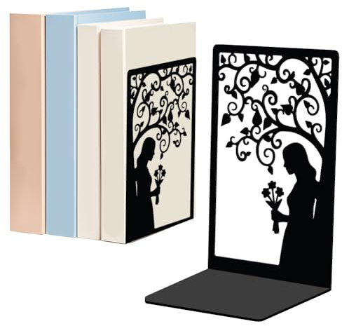 WADORN 1 Paar Buchstützen Aus Metall Mit Lebensbaum Für Regale Dekorativ, Robuste Dekorative Buchstützen Aus Metall rutschfest Schwarz L Förmiger Buchstopper Für Bibliothek Home Office 13.5x11x20cm