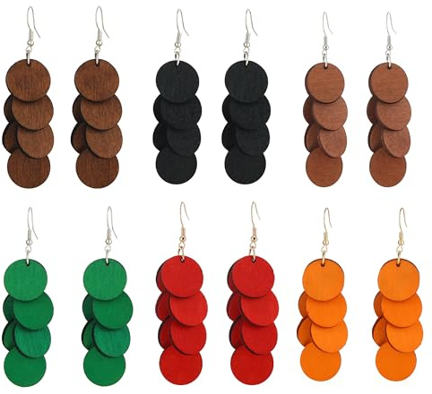 Bohemian Wooden Layered Disc Dangle Earrings, Boho Style Round Drop Earrings for Women, Lightweight Statement Jewelry for Daily Wear & Party (6 Circle Round Wooden Drop Earrings)