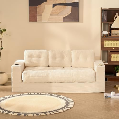 Litbird 3 Seater Couch for Living Room, Space-Saving Boneless Sofa in a Box with Cushions & Cup Holders, Corduroy Floor Sofa with Backrest, No Assembly Required, for Small Spaces & Teens,White