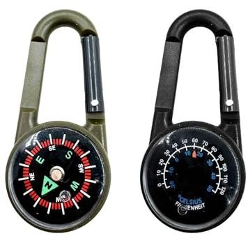 RTRTGS 2 Pezzi Bussola con Moschettone e Termometro, 3-in-1 Multifunzione Portatile in Metallo, Scout e Ciondolo per Navigazione, Avventura all'Aperto, Sopravvivenza, Campeggio e Viaggio