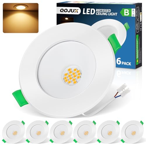 QOJUX LED Einbaustrahler 230V Energieklasse B, 5W 800LM Warmweiß LED Spots | 68-80mm Lochmaß Spots Deckenleuchte, Ultra Flach IP44 Deckenspots für Badezimmer, Küche Wohnzimmer, Nicht Dimmbar, 6 Stück