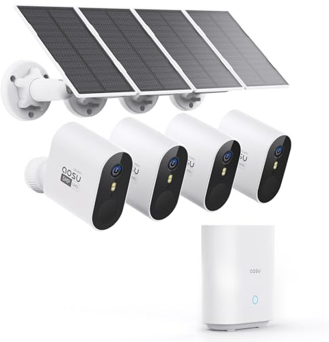 aosu 3K 5MP UHD Überwachungskamera Aussen Solar Akku 4 Cam Kit mit aosuBase 32GB Lokal Speicher Kein ABO Erforderlich PIR Personerkennung Farb-Nachtsicht mit Scheinwerfer 2 Wege 166° Weitwinkel IP66