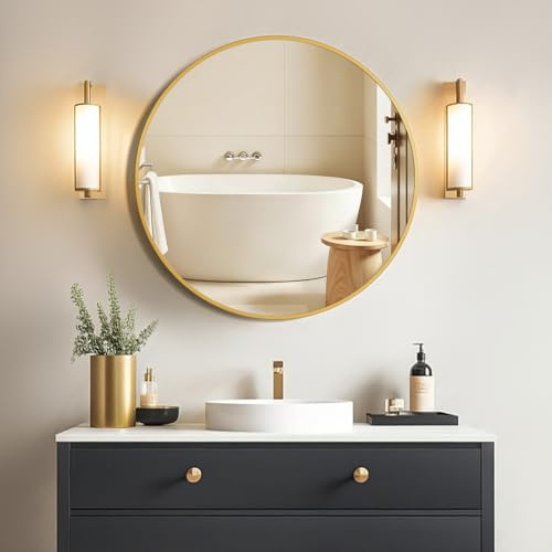 Sqinor Spiegel Rund Gold 60cm HD Spiegelglas Wandspiegel, Modern Badspiegel Rund mit Aluminium Rahmen, Hängend oder Kleben, Deko Runder Spiegel für Bad Badezimmer Flur Wohnzimmer Schlafzimmer