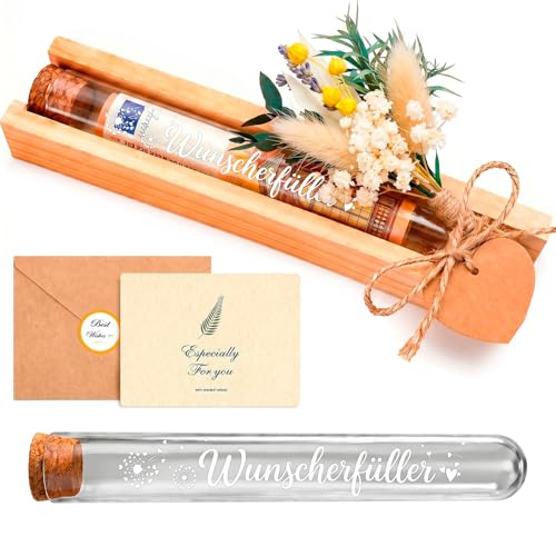 Wunscherfüller Geldgeschenk - Geldgeschenke Holz-Set mit Glasröhrchen & Trockenblumen – Verpackung Geldgeschenke für Geburtstag, Hochzeit, Kommunion, Konfirmation, Firmung, Jugendweihe& Weihnachten