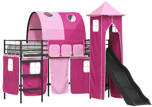 Qnhdfrt Kinderhochbett mit Rutsche, Turm und Vorhang, Spielbett Metall 75 x 190 cm inkl. Memory-Schaummatratze, funktionales Jugendbett für das Kinderzimmer, Schwarz Pink
