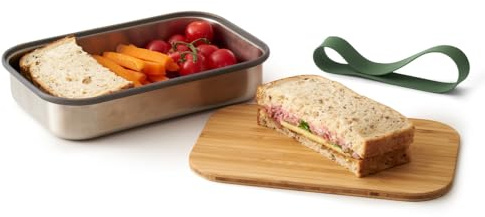 BLACK + BLUM Edelstahl Sandwichbox | Olive | 900 ml Edelstahl Dose mit Deckel | Silikon-Trennwand & Silikonband | Bambusdeckel/Schneidebrett | Lunchbox Erwachsene BPA-frei | Bento Box Erwachsene