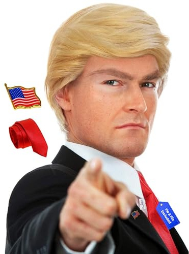 ALLAURA 3-teiliges Donald-Kostüm-Set, blonde Perücke, rote Krawatte, Flaggennadel, kompatibel mit Pres Donald Perücke, Halloween-Kostüm für Erwachsene, Paare, Cosplay, politische Veranstaltungen