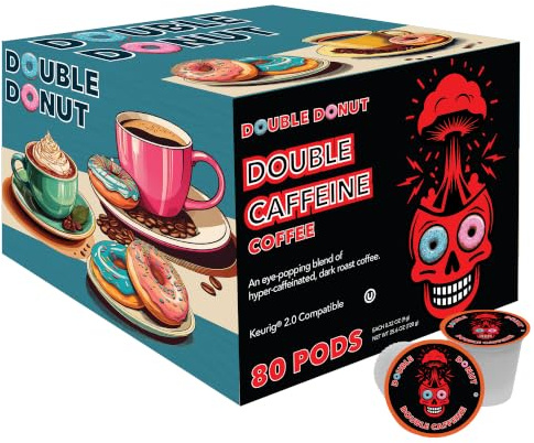 Double Donut Coffee High Caffeine Coffee Pods, Extra Strong Double Caffeine Coffee Cups for Keurig K Cup Brewer Machines Single Serve Dark Roast Coffee, 80 Count
