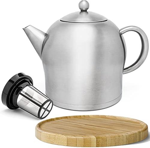 Bredemeijer große matte doppelwandige Edelstahl Teekanne 2.0 Liter & brauner Untersetzer aus Holz & Edelstahl Tee-Filter-Sieb-Aufsatz für losen Tee oder Teebeutel