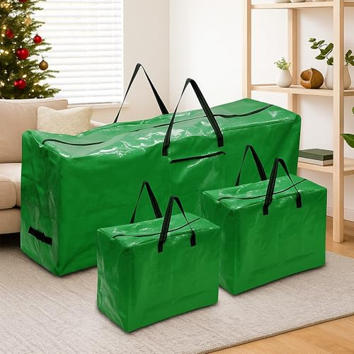 Just For Christmas Storage Bag Set of 3 Green Xmas Tree Storage Bags with 1x Large & 2x Small Garland Bags Tear-Proof, Water-Resistant Christmas Decoration Storage with Dual Zips & Handles