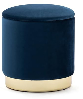 HNNHOME 37cm Round Velvet Ottoman Storage Box, Gold Base (Dark Blue) | Comfortable padded seat with sturdy frame- Floor-friendly feet prevent scratches- Ideal for bedroom, dressing table or lounge