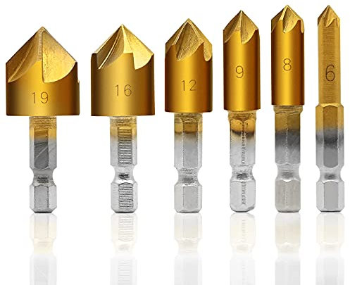 Sechskant Senker Bohrer Set HSS Kegelsenker Set 90° Kegelsenker Countersink Zähler Sats mit Titan Beschichtete für Holz und weichem Metall Fasefräser 6/8/9/12/16/19mm