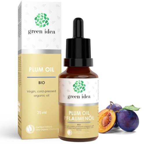 Green idea Plommonolja Ansikte BIO 100% Ren, Naturlig, 25 ml | Kallpressad, För hår, hud, läppar och naglar, NaTrue-certifikat, Glasflaska och pipett