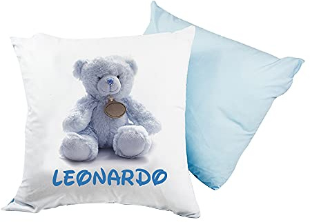 almatex Cuscino Personalizzato con Nome, 40x40, Sfoderabile e Lavabile con Morbida Imbottitura- Idea Regalo per Compleanno, Natale, (ORSO AZZURRO)