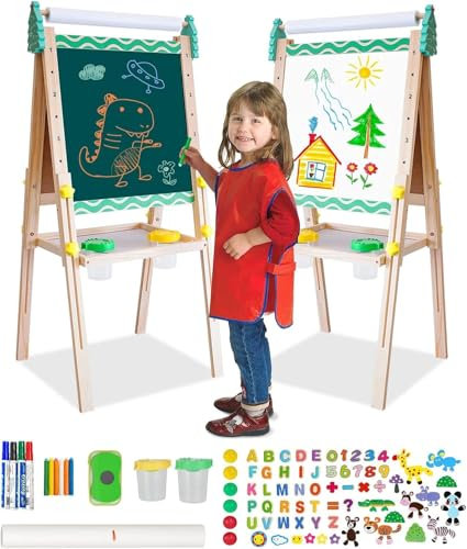 Chevalet Peinture Enfant Double Face en Bois - avec Rouleau de Papier Tableau Blanc et Tableau Noir avec Chiffres et Autres Accessoires,Convient aux Filles et aux Garçons âgés de 2 à 8 Ans